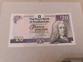 International Banknotes: Billete Escocia, 20 libras, año 1993, serie A002285, nº bajisimo, UNC